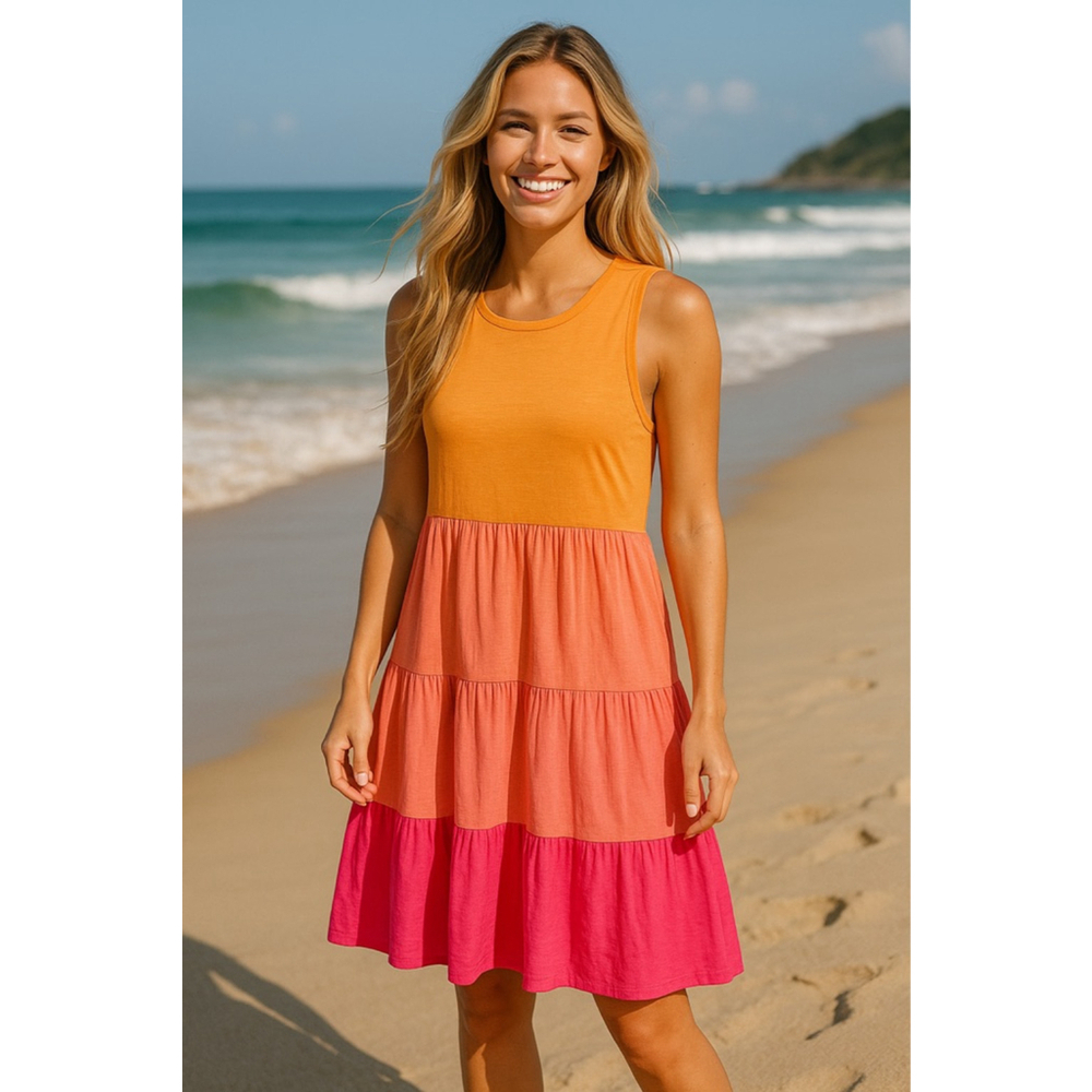 Terra & Sky Colorblock Sleeveless Dress Cotton Orange Pink Beach Breathable Boho